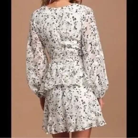 Lulu's White Floral Wrap Mini Dress with Long Bishop Sleeves - Picture 2 of 9